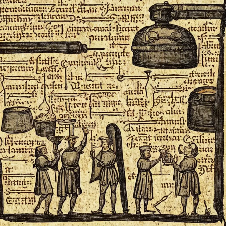 Image similar to middle age illustrated recipe for beer making ( ( ( ( a beer shoppe ) ) ) ) lot of medieval enluminures in the background explaining the recipe, schematic in a notebook