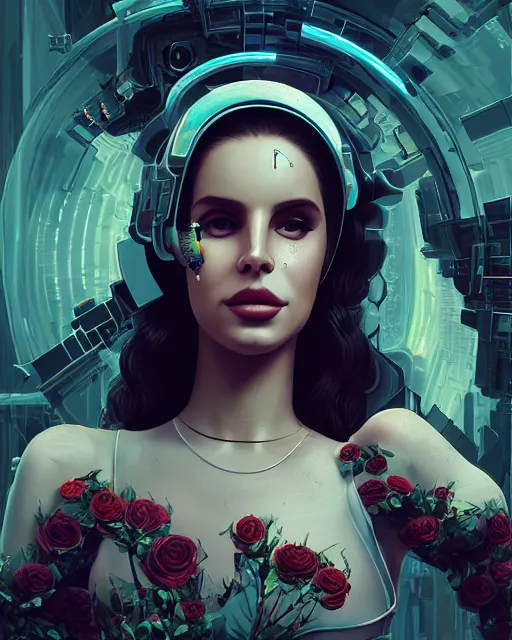 Image similar to portrait of lana del rey as a cyberpunk cyborg. roses, sci - fi, intricate abstract, upper body, intricate artwork, by tooth wu, wlop, beeple, dan mumford. concept art, 8 k octane render, deviantart, greg rutkowski, cinematic, key art, hyperrealism, iridescent accents