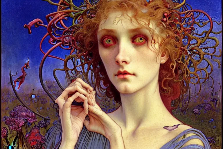 Image similar to realistic detailed portrait painting of a beautiful woman with a zombie, nightly graveyard landscape background by Jean Delville, Amano, Yves Tanguy, Alphonse Mucha, Ernst Haeckel, Edward Robert Hughes, Roger Dean, rich moody colours, blue eyes