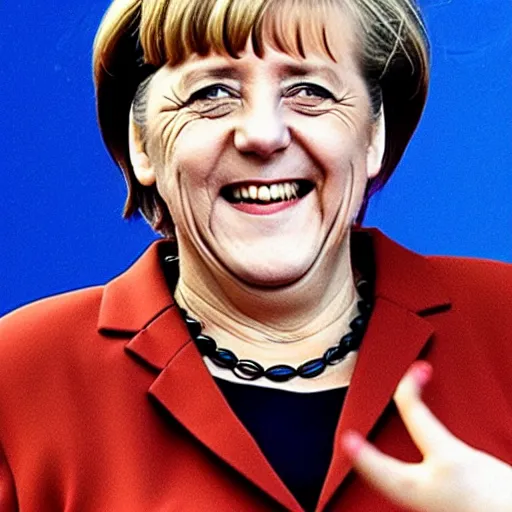 Image similar to angela merkel, laughing hysterically while doing the nazi salute, in the style of studio ghibli