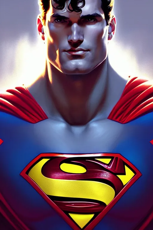 Image similar to a portrait of superman, fantasy, sharp focus, intricate, elegant, digital painting, artstation, matte, highly detailed, concept art, illustration, ambient lighting, art by ilya kuvshinov, artgerm, alphonse mucha, and greg rutkowski