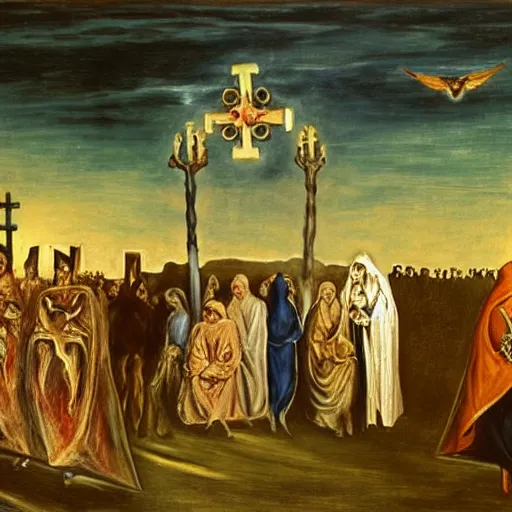 Image similar to A Holy Week procession of souls in a Spanish landscape at night. A figure at the front holds a cross. El Greco, Remedios Varo y Salvador Dali.