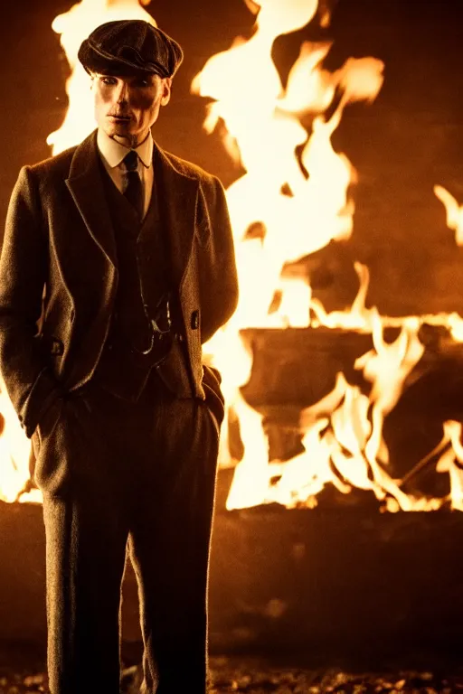 Prompt: Full-body portrait of Cillian Murphy in Peaky Blinders standing, fire in the background, dramatic, gloomy, dark, bleak, cheerless, desolate, impressive, tragic, cinematic, dull colours, dark colour scheme, atmospheric, high quality, bad vibes