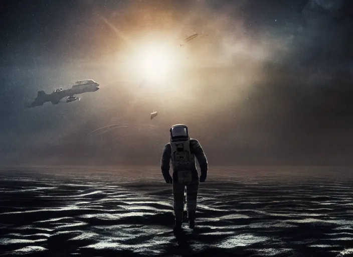 Image similar to astronaut holding a flag in an underwater desert. a submarine is visible in the distance. dark, concept art, cinematic, dramatic, atmospheric, 8 k, trending on artstation, blue, fish, low visibility, fog, ocean floor, christopher nolan, interstellar