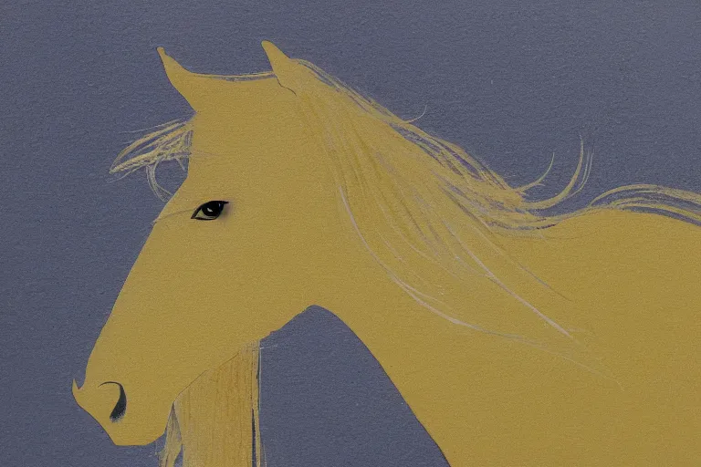 Image similar to beautiful serene horse, healing through motion, minimalistic golden ink aribrush painting on white background