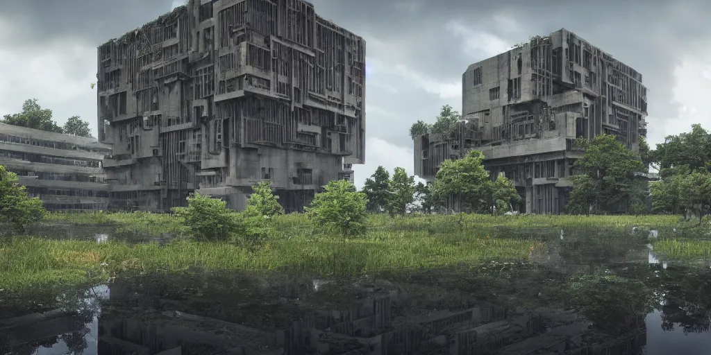 Image similar to a stunningly detailed building, brutalist architecture, surrounded by lush green forest, ponds of water, stunning volumetric lighting, sunset, metal, concrete, stunning skies, trending on Artstation, 8k, photorealistic, hyper detailed, unreal engine 5, IMAX quality, cinematic, epic lighting, from Quake, by Greg Rutkowski