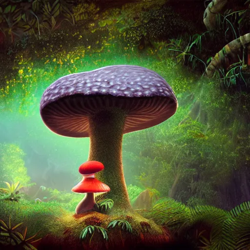 Image similar to Intricate detailed illustration, A small sentient and happy mushroom frolicking in a lush tropical jungle, 🍄 , cinematic lighting, by Philip Hood, wide angle, volumetric light scattering, 8k, artstation, concept art,