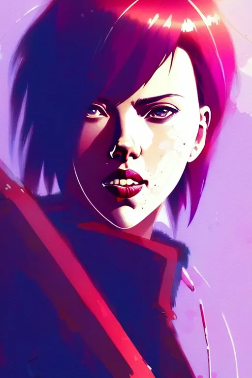 Image similar to a ultradetailed beautiful panting of scarlett johansson as motoko kusanagi, by conrad roset, greg rutkowski and makoto shinkai, trending on artstation