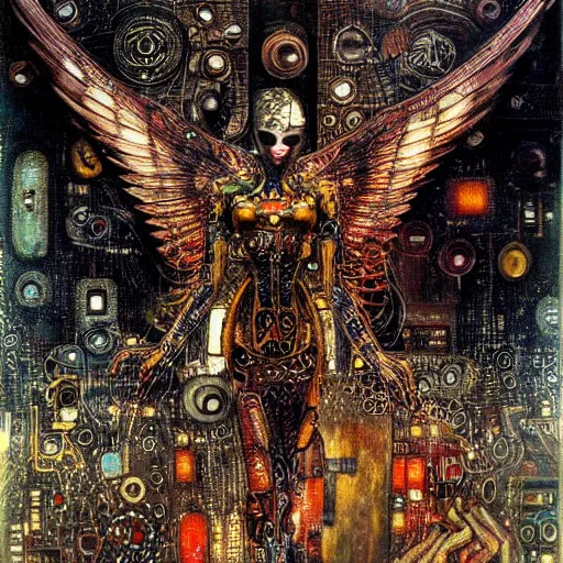 Image similar to winged cyberpunk demon trapped in circuitry, intricate detail, miro, royo, whealan, klimt,