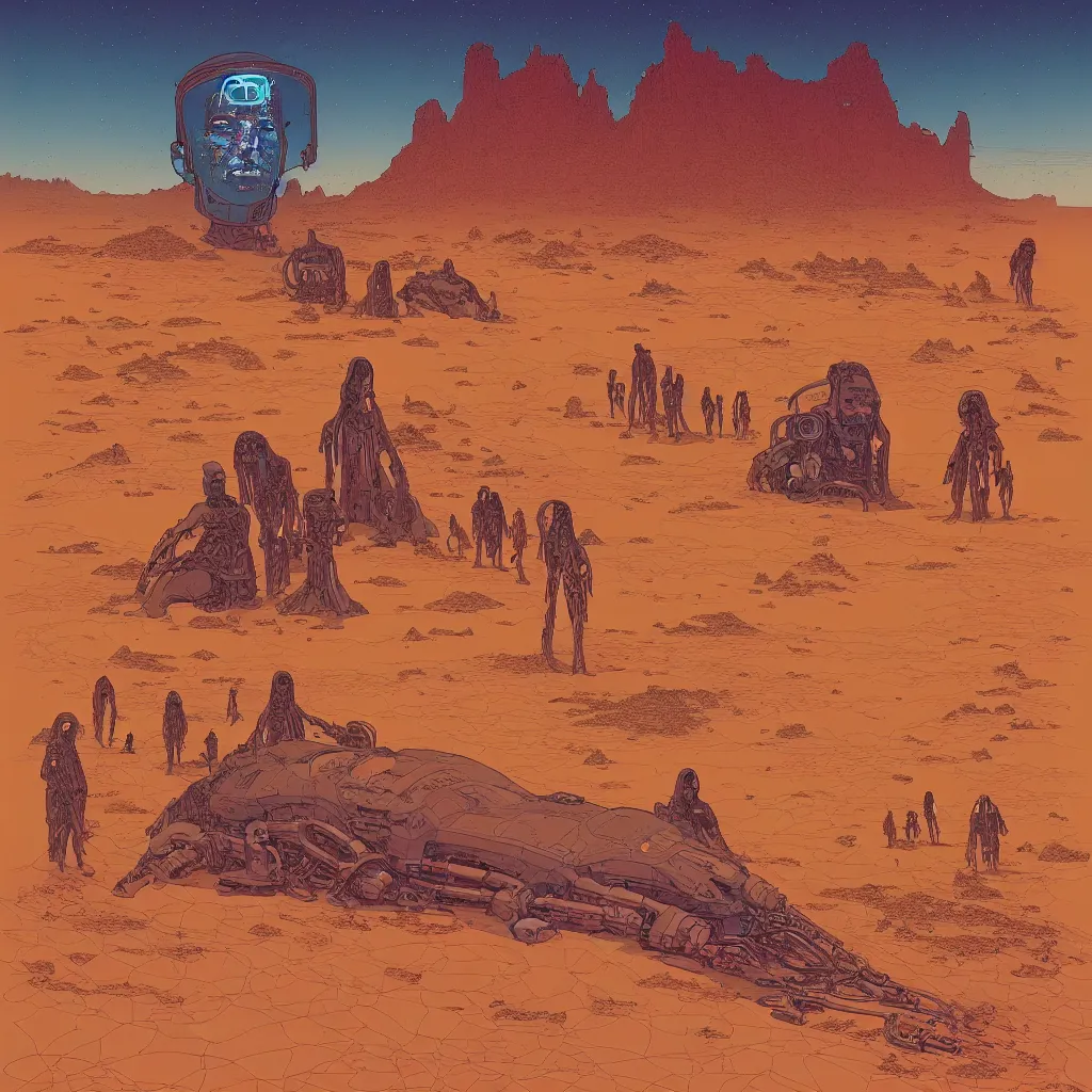 Prompt: a illustration of a large head of a cyborg half buried in the desert, little people watching, sacred, peoples withs large cloaks, fine art, intrincate, by moebius, jean giraud & kilian eng