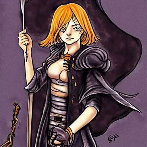 Image similar to Emma Stone as a pirate in the style of Berserk, by Kentaro Miura