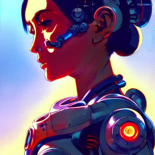 Image similar to side portrait scifi cyborg girl with robotic parts and spacesuit | | head only in center of image, audrey plaza, fine detail!! anime!! realistic shaded lighting!! poster by ilya kuvshinov katsuhiro otomo ghost - in - the - shell, magali villeneuve, artgerm, jeremy lipkin and michael garmash and rob rey