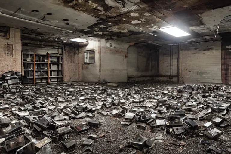 Image similar to an abandoned industrial basement lit by a pile of CRT's, unsettling image