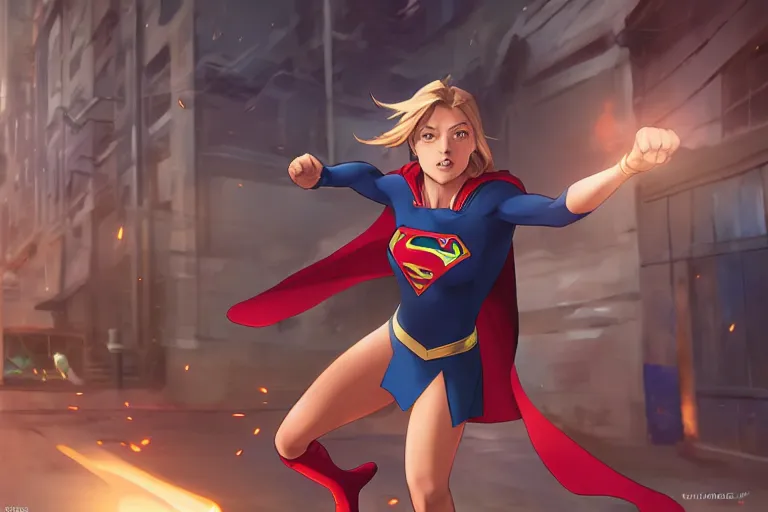 Prompt: supergirl punching through a brick wall, single subject, scenic full shot, ambient lighting, detailed face, by makoto shinkai, stanley artgerm lau, wlop, rossdraws