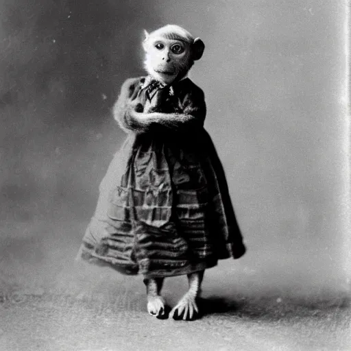 Prompt: photograph of a monkey in a victorian dress