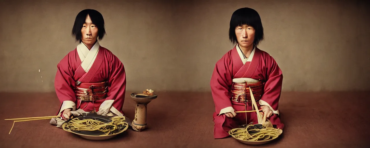 Image similar to 1 8 0 0 s japanese samurai cutting through spaghetti, rural, in the style of diane arbus, canon 5 0 mm, wes anderson, kodachrome, retro