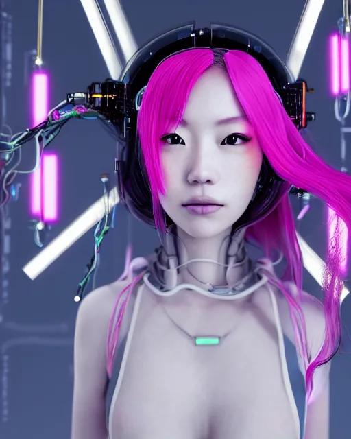 Image similar to portrait of a beautiful japanese woman with pink hair as a cyberpunk cyborg half robot, revealing wires and electronics, hooked - up, sci - fi, missing panels, intricate abstract upper body intricate artwork, concept art, octane render, deviantart, cinematic, key art, hyperrealism, iridescent accents, portrait photograph, nikon 3 5 mm, photograph by greg rutkowski