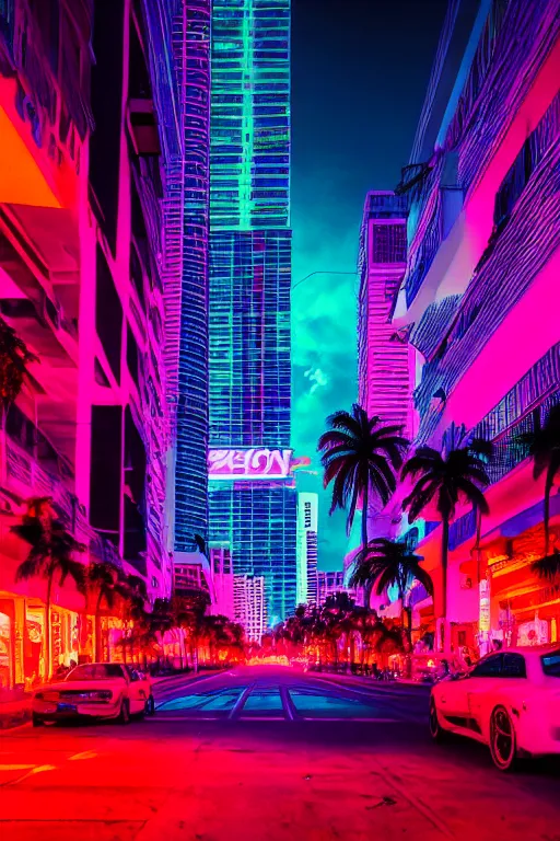 Image similar to neon streets of miami, 4 k, award winning photo, cyberpunk style
