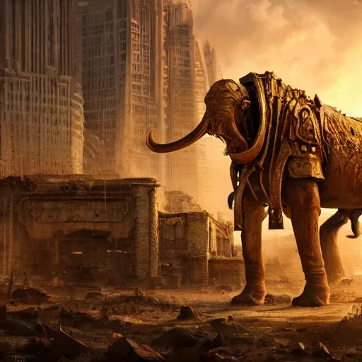 Image similar to golden mammoth in a ruined city, artstation, cgsociety, cgi, digital art, realistic, awards winning, dramatic, cinematic, artistic, famous, detailed