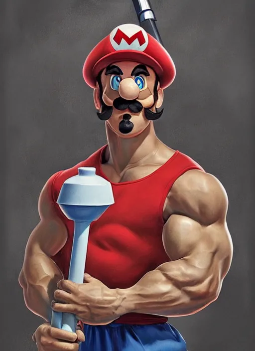 Image similar to gigachad luigi holding a plunger by ilya kuvshinov, bodybuilder ernest khalimov, super mario bros symmetrical face concept art, hyper realistic, intricate, elegent, highly detailed, digital painting, concept art, smooth, sharp, focus, illustration, art by artgerm and greg rutkowski and alphonse mucha, artstation