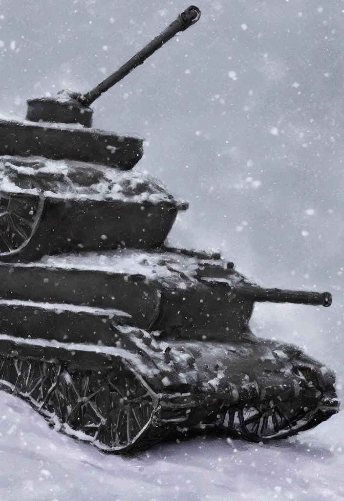 Prompt: Digital Art of a 1914 Tank in the snow, trending on artstation