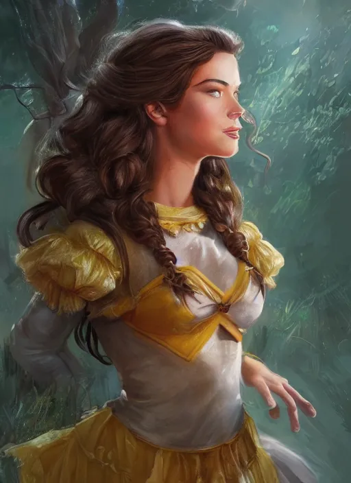 Image similar to beautiful female dorothy gale, rebecca romijn as dorothy, full body character concept, armor, super powers, fantasy, intricate, elegant, highly detailed, digital painting, artstation, concept art, shining, sharp focus, illustration, art by stanley lau