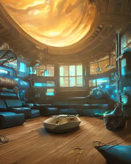 Image similar to artstation scifi scene of a safe room, lounge furniture, large terrarium, sky mural on the celing, paneled walls, unreal engine 5, hyper realism, realistic shading, cinematic composition, blender render, octane render, hdr, detailed textures, photorealistic, wide shot