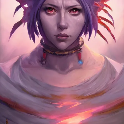 Image similar to anime portrait of Scarler Johansson as a shaman yedi using dark force to eliminate trump as an anime antagonist by Stanley Artgerm Lau, WLOP, Rossdraws, James Jean, Andrei Riabovitchev, Marc Simonetti, and Sakimichan, trending on artstation