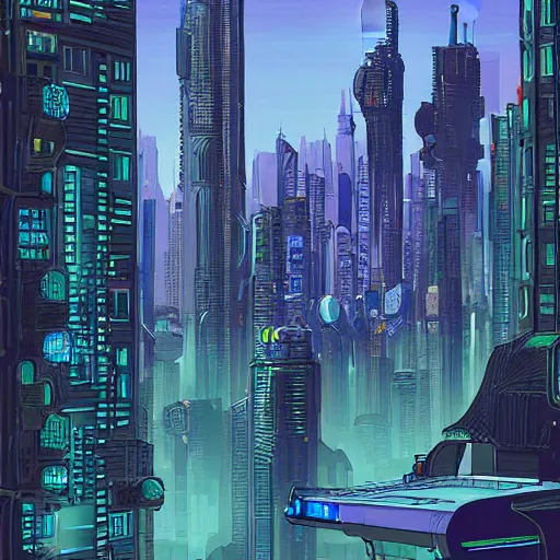 Image similar to a cyberpunk city, digital painting by moebius