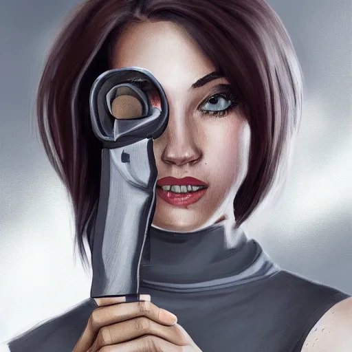Prompt: a megan wearing a business, she has grey hair and is holding a revolver, digital painting, smooth, hd, realist, artstation, deviantart