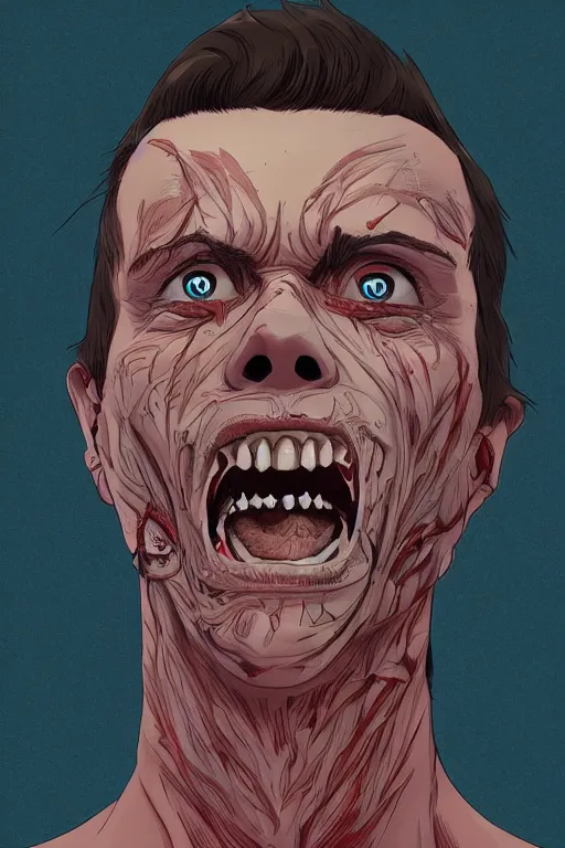 Image similar to keith buckley every time i die, full body, big two toned eyes, teeth gritted, horror, intricate details, cinematic, epic, realistic, anatomy, tomer hanuka, uplight, artstation, photorealistic, scary