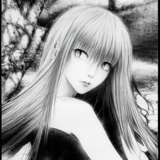 Image similar to a portrait of a character in a scenic environment by Yoshitaka Amano, black and white, dreamy, dark eyes