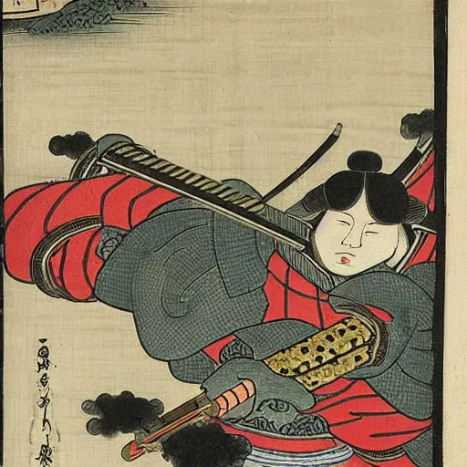 Image similar to 16th century Japanese illustration of the shogun on fire