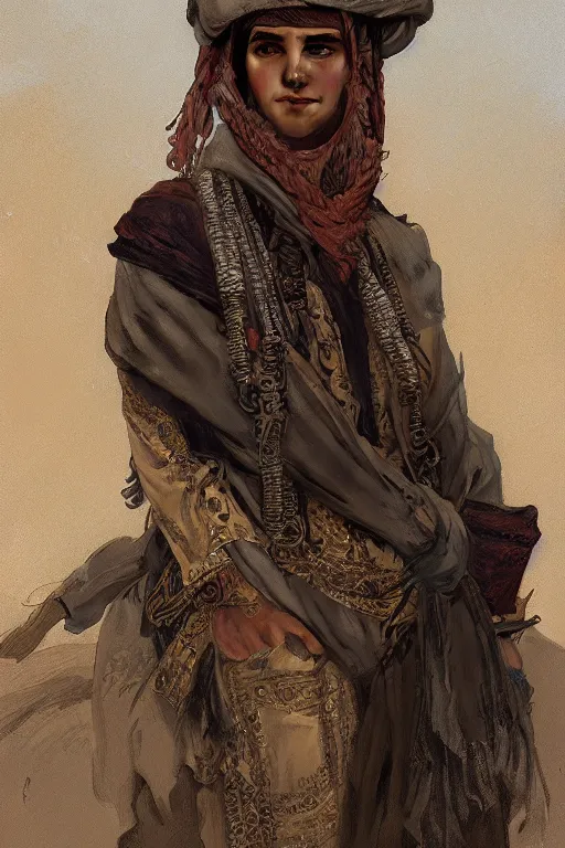 Prompt: A full portrait of an ancient Bedouin scout, intricate, elegant, highly detailed, digital painting, artstation, concept art, smooth, sharp focus, illustration, art by Krenz Cushart and Artem Demura and alphonse mucha