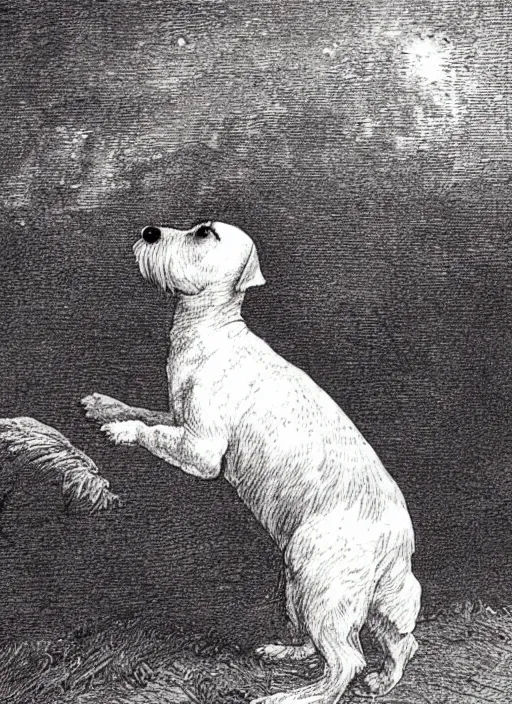 Prompt: candid portrait of jack russel dog looking up barking, from behind, night sky, highly detailed, side view, illustrated by peggy fortnum and beatrix potter and sir john tenniel