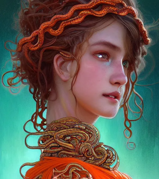 Image similar to portrait of teenage medusa, snake hair, naughty smile, wearing an embroidered orange tunic, intricate, sensual, sultry, elegant, copper and emerald jewelry, glowing lights, seductive, highly detailed, digital painting, artstation, concept art, smooth, sharp focus, illustration, art by wlop, mucha, artgerm, and greg rutkowski