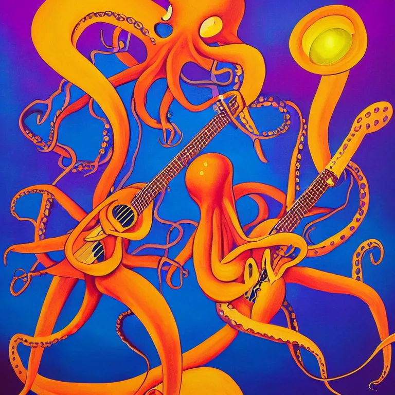 Image similar to a beautiful painting by robbie trevino of a couple of octopus playing drums and telecaster guitar in an electronic concert, touch designer projection background, concert light, dark mood, warm lights