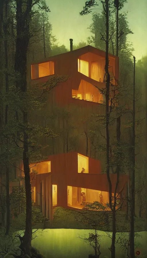 Image similar to cozy ultra modern home in the woods moody lighting, highly detailed, painting by zdzisław beksinski and norman rockwell and greg rutkowskiweta studio, and lucasfilm