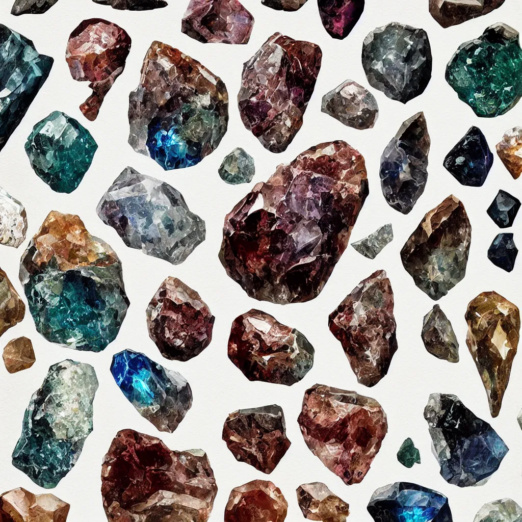 Prompt: full page antique lithograph of gemstones minerals, White background, art print, clean brush stroke, realistic highly detailed, 8k post-processing highly detailed, rendered by octane engine, esty