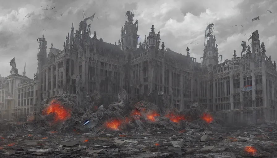 Image similar to destroyed palace of justice of brussels on fire, grey sky, debris, collapsing, hyperdetailed, artstation, cgsociety, 8 k