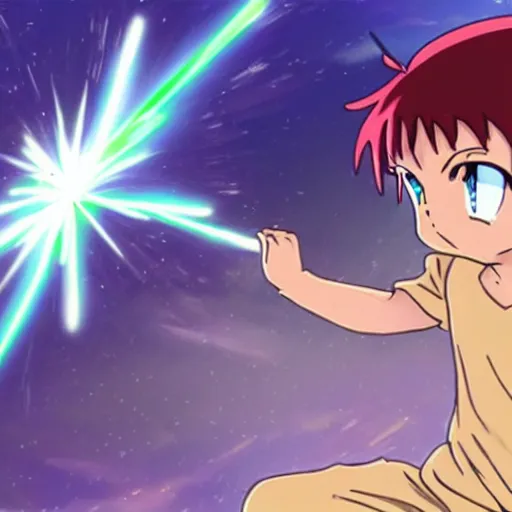 Image similar to a child launching a powerful beam attack, anime