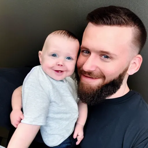 Image similar to a photo of a white man with a mid fade haircut and level 1 clipper beard that is happy with his 3 month year old baby boy.