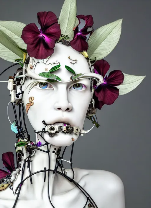 Image similar to fragile delicate biomechanical young female cyborg with porcelain translucent profile face and a big floral eye, big leaves foliage and stems, hibiscus flowers, boho floral fashion by alexander mcqueen, rim light, art nouveau fashion pearl embroidered collar, steampunk, on black background