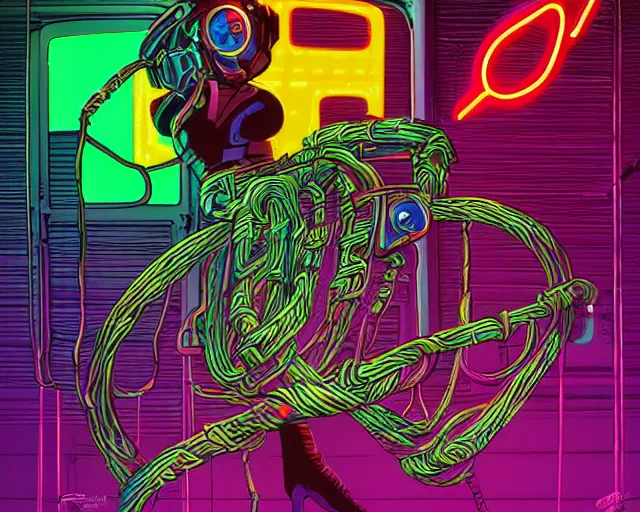 Image similar to cybernetic hop illustrated with twisting wires and dripping neon paint, dark fantasy grunge stylized illustration by dan mumford