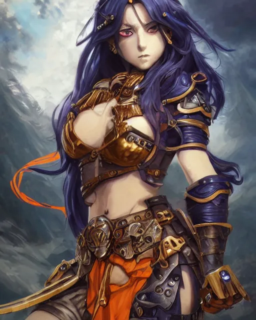 Image similar to An anime portrait of a beautiful D&D half-orc female with long wavy dark blue hair, bright orange eyes, intricate full body armour, fantasy soldier, by Stanley Artgerm Lau, WLOP, Rossdraws, James Jean, Andrei Riabovitchev, Marc Simonetti, and Sakimichan, highly detailed, ultra detailed, golden hour, trending on artstation, cgstudio