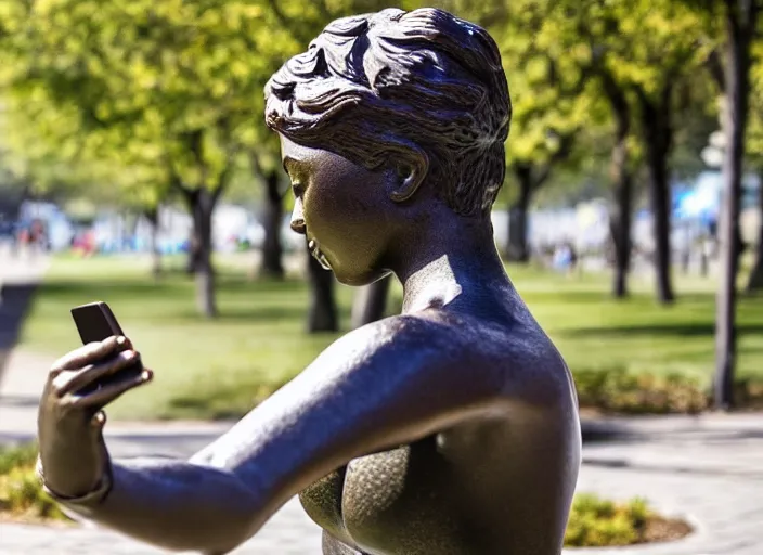 Image similar to photo still of a bronze statue of a woman using an iphone to take a selfie in a park on a bright sunny day, 8 k 8 5 mm f 1 6