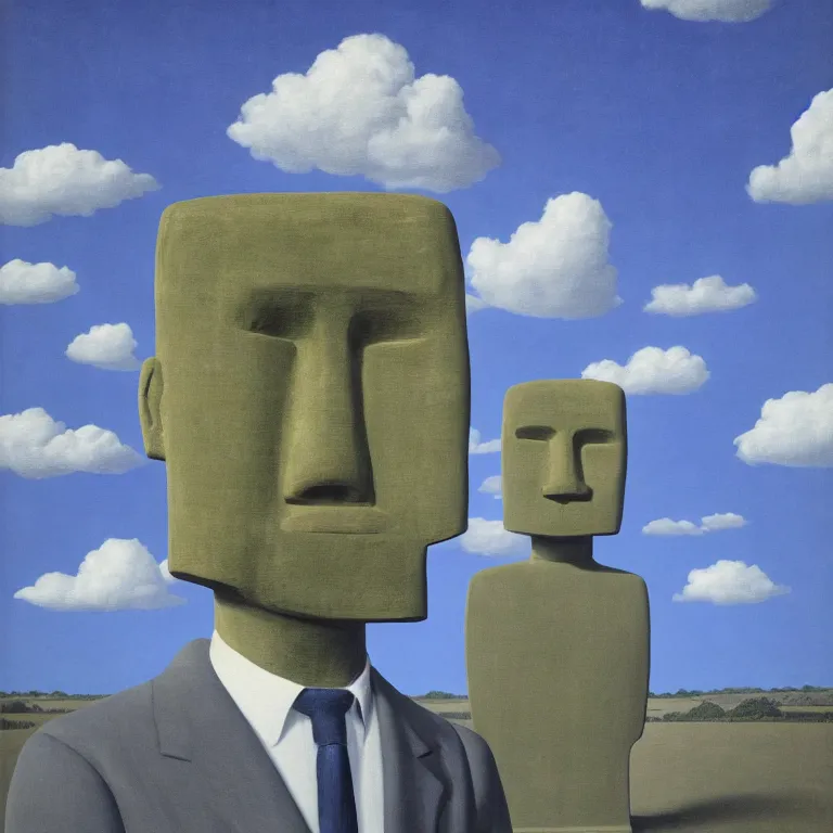 Image similar to portrait of a faceless moai - head man in a suit, clouds in the background, by rene magritte, detailed painting, distance, middle centered, hd, hq, high resolution, high detail, 4 k, 8 k