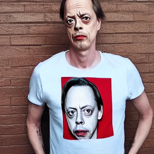 Image similar to photo of a man wearing a shirt with Steve Buscemi's face on the shirt, 8k