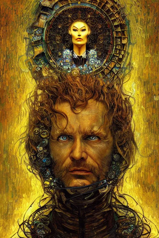 Image similar to character art the contra bill rizer, by karol bak, jean deville, gustav klimt, and vincent van gogh, trickster, enigma, destiny, poe's angel, surreality, inspiration, muse, otherworldly, fractal structures, arcane, ornate gilded medival icon, spirals