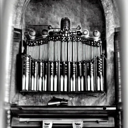 Image similar to steampunk organ, black and white film,